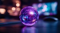 Glowing purple crystal ball with mystical reflections and bokeh lights on dark background creates magical atmosphere for fortune telling and divination.