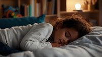 Young woman with curly hair peacefully sleeping in bed at home, side view portrait in warm evening light with soft focus on relaxed face and cozy bedding.