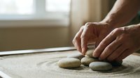 Senior man arranging smooth zen stones in circular pattern on sand surface for meditation and mindfulness practice in peaceful indoor setting.