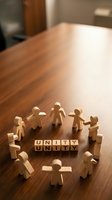 Wooden figures arranged in circle around unity text blocks on table, representing teamwork, community, cooperation and togetherness for business concepts.