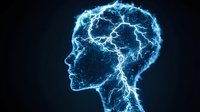 Glowing blue lightning silhouette of human head profile with electrical neural connections forming brain network pattern on dark background. Concept of artificial intelligence.