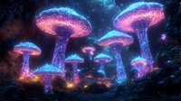 Glowing neon mushrooms in magical forest at night with vibrant pink and blue bioluminescent light creating mystical fantasy atmosphere.