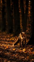 Fox walking through autumn forest with golden light filtering through dark trees and fallen leaves on ground.