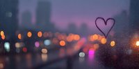 Heart shape drawn on foggy window glass with blurred city lights and bokeh background creating romantic urban evening atmosphere for Valentine's Day.