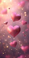 Glowing pink hearts floating in dreamy atmosphere with sparkles and bokeh lights against soft gradient background, romantic Valentine's Day concept.