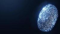 Glowing blue fingerprint pattern on dark background illustrates digital security and biometric authentication technology for identity verification systems.