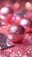 Pink disco ball on glittery surface with soft bokeh background creates festive party atmosphere. Decorative element for celebration and entertainment designs.