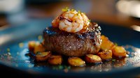 Grilled beef tenderloin topped with jumbo shrimp and herbs, served with roasted potatoes in rich sauce on dark blue plate, dramatic restaurant lighting.