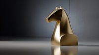 Elegant golden chess knight piece with geometric facets on dark background, symbolizing strategy and leadership in business or competition.