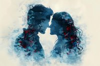 Romantic couple silhouettes in blue watercolor style with red floral elements, facing each other in intimate moment against light background. Artistic love concept.