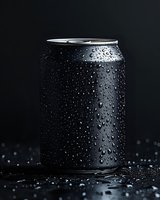 Black aluminum can with water drops on dark background, dramatic product photography with condensation and moisture for beverage advertising.