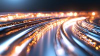 Dynamic light trails creating flowing energy streams with golden orange glow against dark blue background for modern technology and speed concepts.