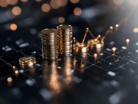 Stacked coins on financial chart with rising graph trend line and bokeh light effects in dark background, representing investment growth and market success.