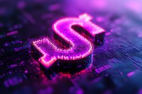 Glowing pink dollar symbol on circuit board background with purple neon lighting effects, representing digital finance and cryptocurrency concepts.