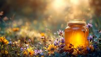 Golden honey jar glowing in sunlight among wildflowers and purple blooms in garden setting, magical summer evening atmosphere with natural bokeh background.
