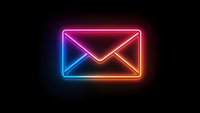 Glowing neon mail envelope icon with gradient colors from pink to blue and orange on dark background, modern minimalist design for digital communication.