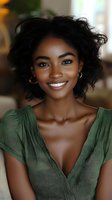 Young African woman with dark curly hair wearing sage green top smiling at camera in indoor setting for portrait and lifestyle use.