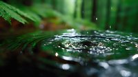 Water drop splash creating circular ripples on water surface with green leaves and forest background, captured in macro photography with shallow depth of field.