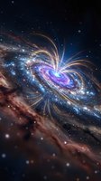 Cosmic energy vortex with swirling purple and blue light streams, golden particle trails, and glowing stars against dark space background for astronomy and science concepts.