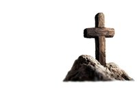 Rustic wooden cross on rocky hill against white background, symbolizing faith, spirituality, and religious concepts for worship materials.