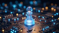 Glowing chess pawn piece on futuristic circuit board with bokeh lights representing strategic thinking, artificial intelligence and digital transformation.
