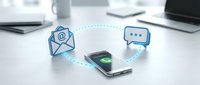 Modern smartphone with glowing communication icons including email and chat bubbles on office desk. Digital connectivity and mobile messaging concept for business.