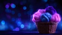 Colorful cotton candy clouds in wicker basket against dark blue bokeh background, creating dreamy atmospheric composition with pink and purple hues.