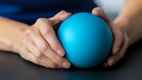 Female hands gently holding bright turquoise stress ball against dark background, demonstrating wellness, anxiety relief and therapeutic relaxation techniques.
