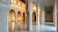 Elegant Islamic architecture corridor with ornate arches, detailed geometric patterns, marble columns and warm golden lighting creating serene atmosphere.