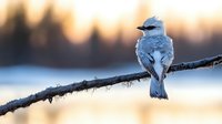 Solitary blue jay perched on snow-covered branch at sunset, soft bokeh background creates dreamy winter atmosphere, wildlife photography composition.