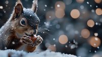 Adorable squirrel holding nut in snowy winter scene with magical bokeh lights creating festive holiday atmosphere for seasonal greeting cards and decorations.
