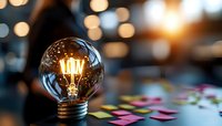 Glowing vintage light bulb with warm filament on blurred background with colorful sticky notes, representing creative ideas and innovation in business planning.