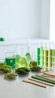 Laboratory glassware with green plant extracts and natural samples for botanical research and eco-friendly chemistry experiments in modern lab setting.
