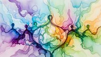 Vibrant multicolored ink flowing in water creating organic abstract patterns with purple, blue, green, yellow and pink hues for creative design projects.