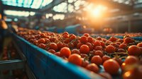 Fresh ripe tomatoes on industrial conveyor belt in sorting facility with dramatic sunlight streaming through windows, food production process.