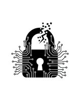 Digital padlock with circuit board patterns and pixelated elements dissolving, representing cybersecurity, data protection and network security concepts.