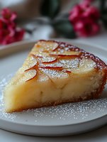 Slice of caramelized pear tart with powdered sugar dusting on white plate, garnished with pink flowers in background. Close-up shows delicate layered fruit arrangement.