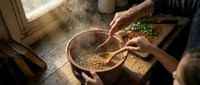 Grandparent and child stirring steaming lentil soup together in a rustic wooden kitchen, warm family cooking moment with fresh vegetables nearby.