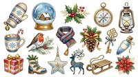 Festive holiday season decorations including snow globe, ornaments, candy cane, wrapped gift, reindeer, poinsettia, sleigh, lantern, compass, and winter accessories. Isolated clipart elements ready for greeting cards, invitations, and seasonal designs.