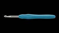 Crochet hook with blue ergonomic handle isolated on transparent background, ready for crafting clipart, sublimation, print-on-demand designs, and t-shirt graphics.