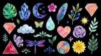 Watercolor sticker set with crystals, moon, flowers, dragonfly, heart, leaves, and gems, isolated on transparent background, ready for clipart, stickers, and t-shirt design.