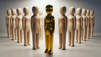 Golden figure standing out from crowd of wooden people representing leadership, uniqueness and business success concepts.