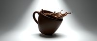 Dark ceramic coffee cup with dynamic chocolate liquid splash against gradient background for beverage advertising and cafe marketing materials.