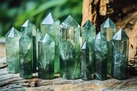 Green fluorite crystal points arranged on rustic wood surface, natural healing stones with hexagonal formations and ethereal glow in mystical arrangement.