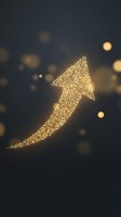 Glowing golden arrow pointing upward made of sparkling particles on dark background with bokeh lights, representing growth, success, progress and financial increase for business concepts.