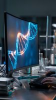Curved gaming monitor displaying glowing DNA helix structure in blue and orange colors on modern computer desk setup for scientific research and biotechnology work.