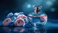 Elegant glass perfume bottle with pink and blue ranunculus flowers on dark background with bokeh lights creating luxurious romantic atmosphere.
