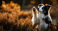 Border Collie dog raising paw in golden autumn heather field at sunset, creating heartwarming pet portrait for animal lovers.