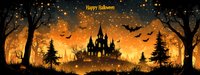 Spooky panoramic Halloween scene with haunted castle silhouette on hill, flying bats against orange sky, dark trees and glowing particles creating mystical atmosphere.
