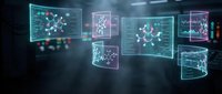 Futuristic holographic displays showing molecular structures and scientific data in dark laboratory environment for technology presentations.